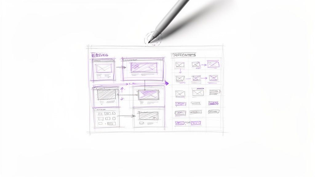 A hand with a pen sketches a user interface wireframe design on paper, showing multiple screens.