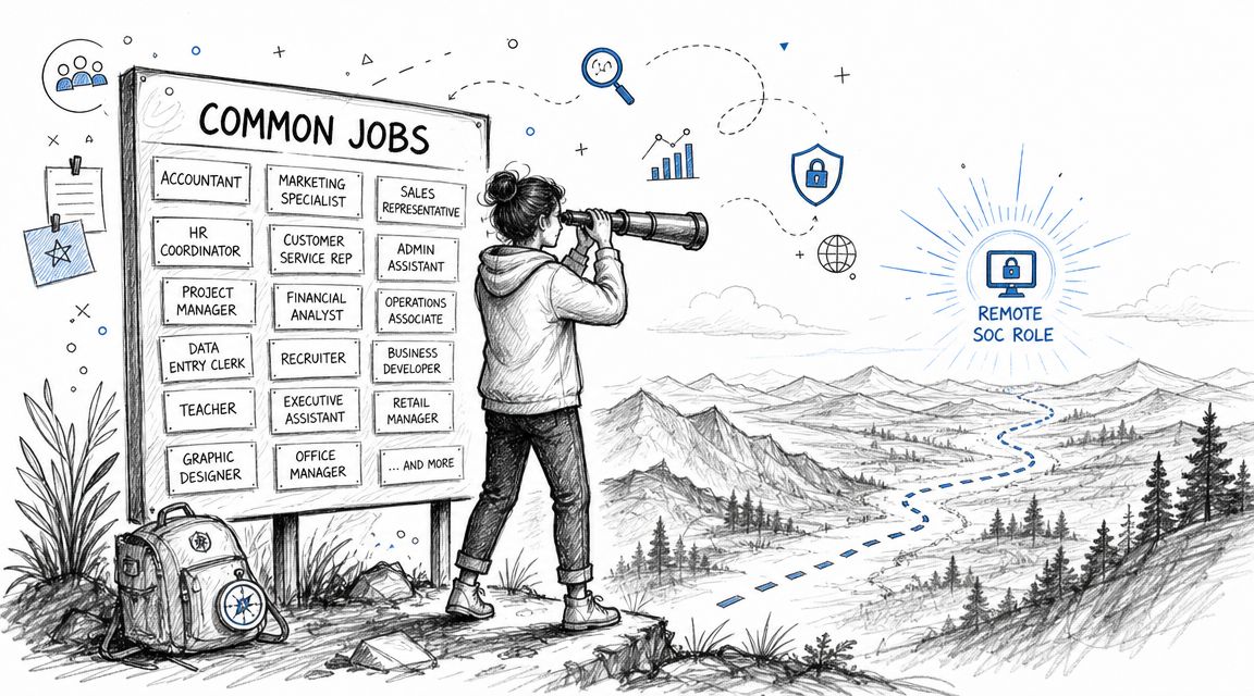 A person looks through a telescope at a glowing remote SOC role career path in the distance.