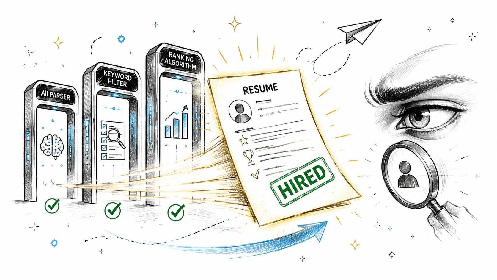 A digital illustration showing a resume passing through automated recruitment software stages before being reviewed by a human.