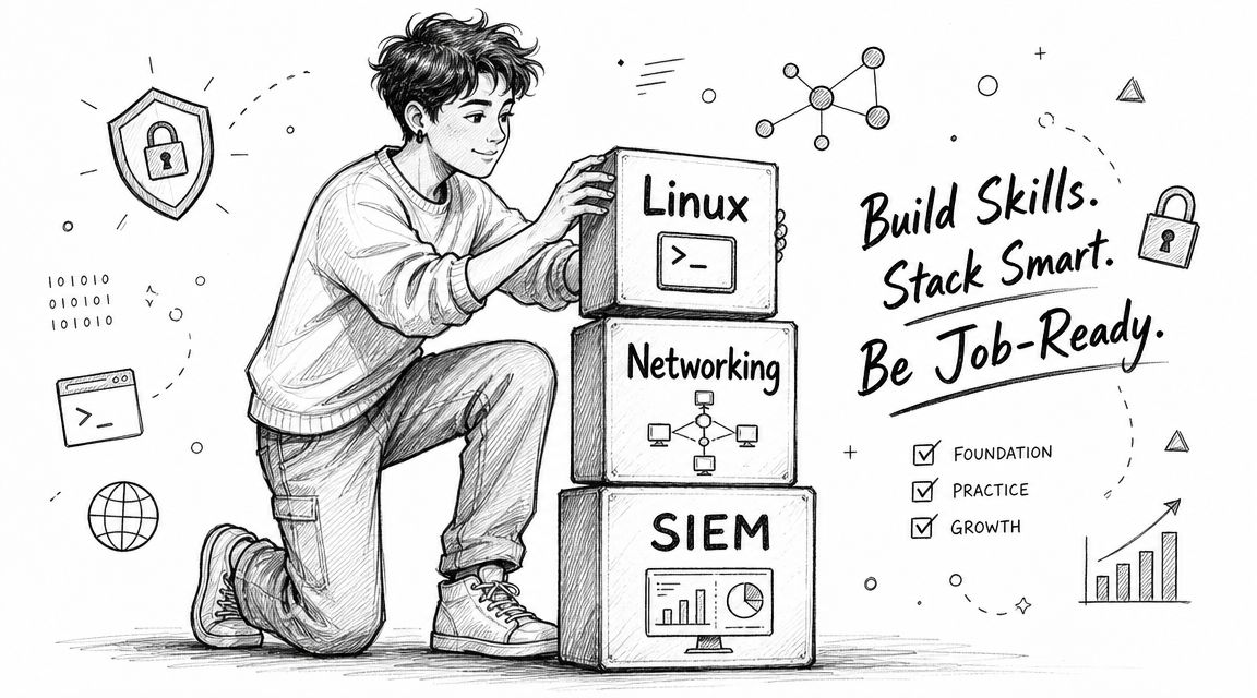 A sketched illustration of a young person building a skill stack of Linux, Networking, and SIEM concepts.