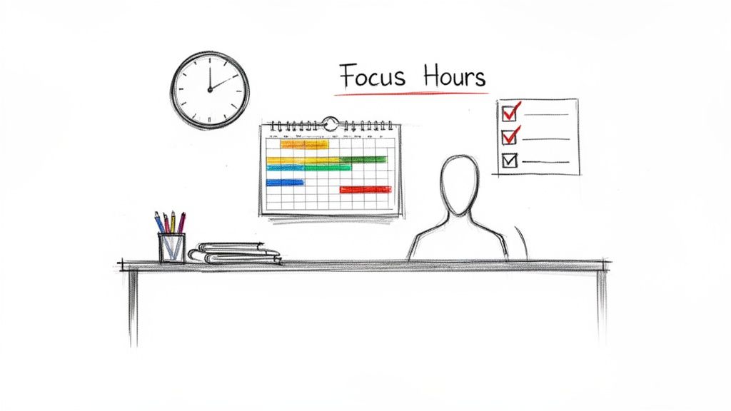 Whiteboard sketch of a productive workspace with a person, clock, calendar, and completed tasks for focus hours.