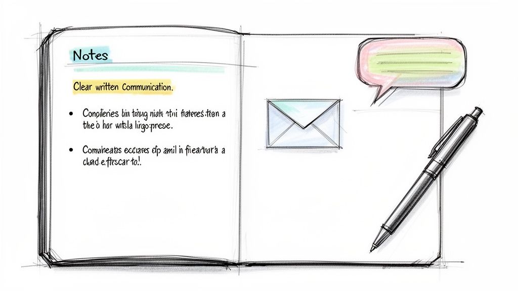 A hand-drawn sketch of an open notebook with notes on clear communication and a pen.