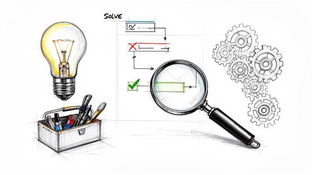 Sketch illustrating a lightbulb, toolbox, flowchart, magnifying glass, and gears representing problem-solving and ideas.