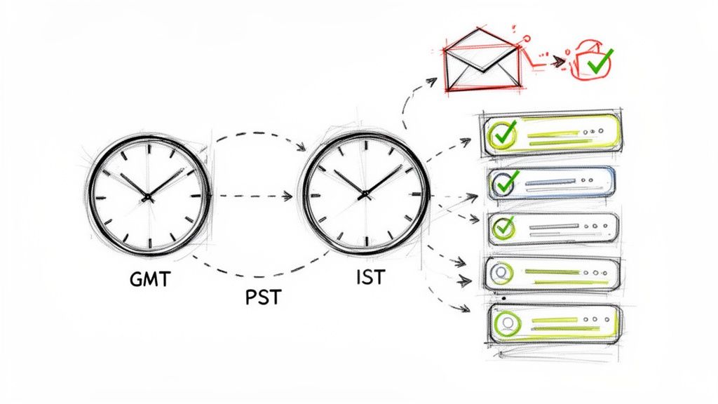 Conceptual diagram showing time zone conversion (GMT, PST, IST) leading to successful data processing.