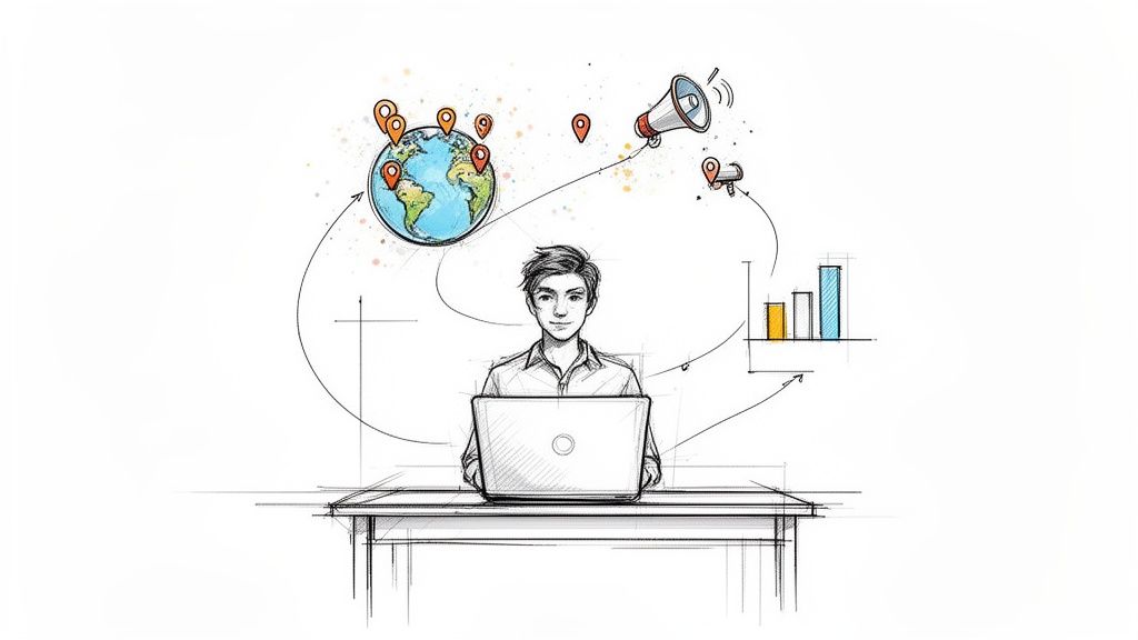 Sketch illustration of a person working on a laptop with global marketing, communication, and data analysis elements.
