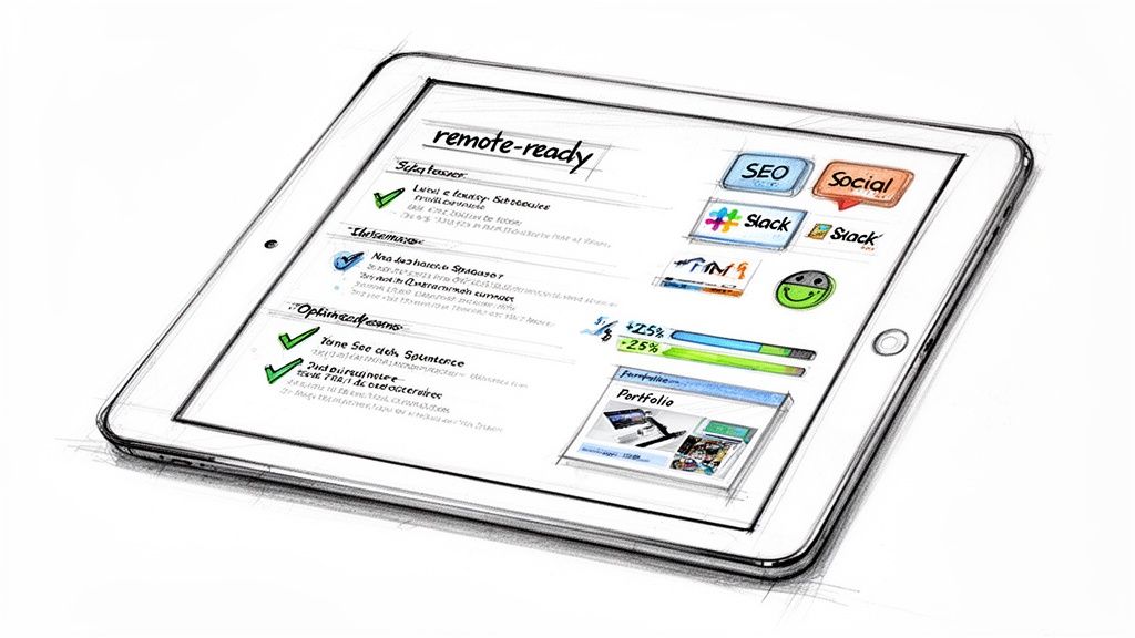 Sketch of a tablet showing a remote work dashboard with SEO, social media, and team management tasks.