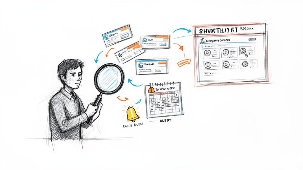 Illustration of a man reviewing multiple company profiles and job alerts for career opportunities.