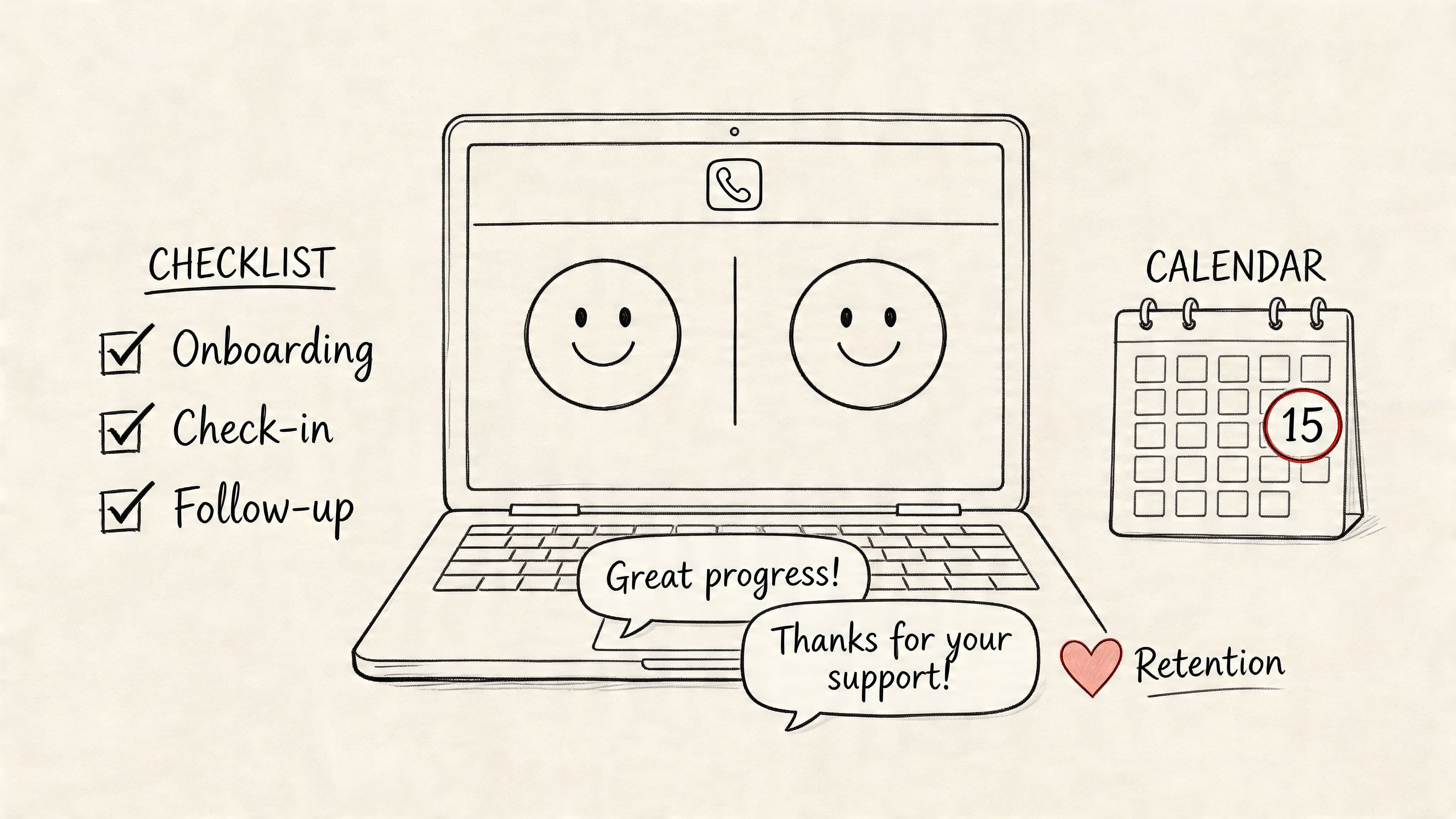 A hand-drawn illustration showing a laptop, a checklist, and a calendar representing customer success and retention.