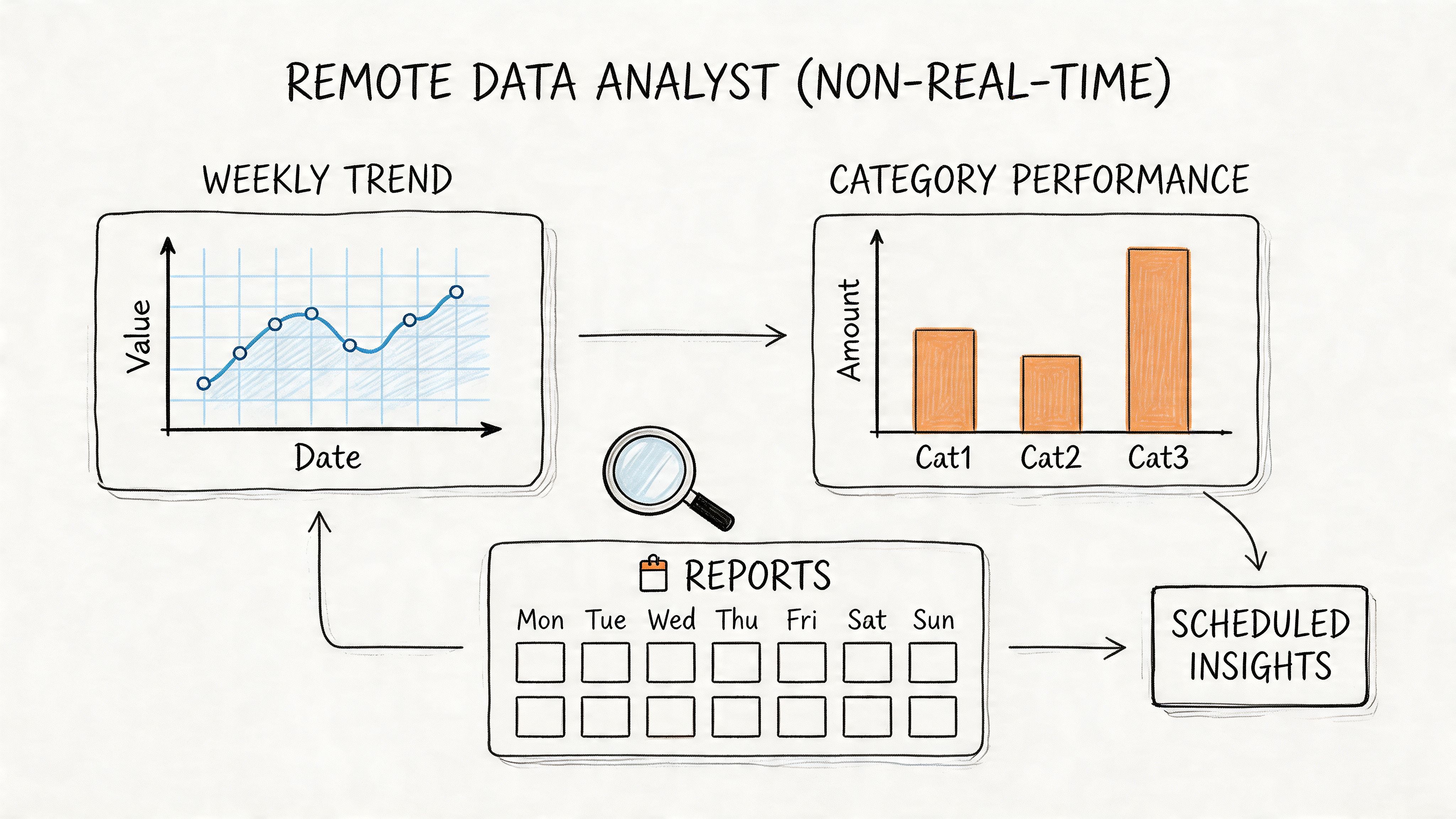 A hand-drawn diagram illustrating a remote data analyst workflow involving weekly trends and category performance reports.