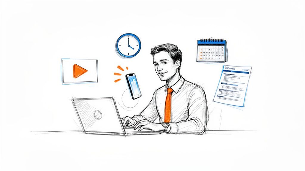 Sketch of a man working on a laptop, surrounded by icons for video, phone, time, calendar, and documents.