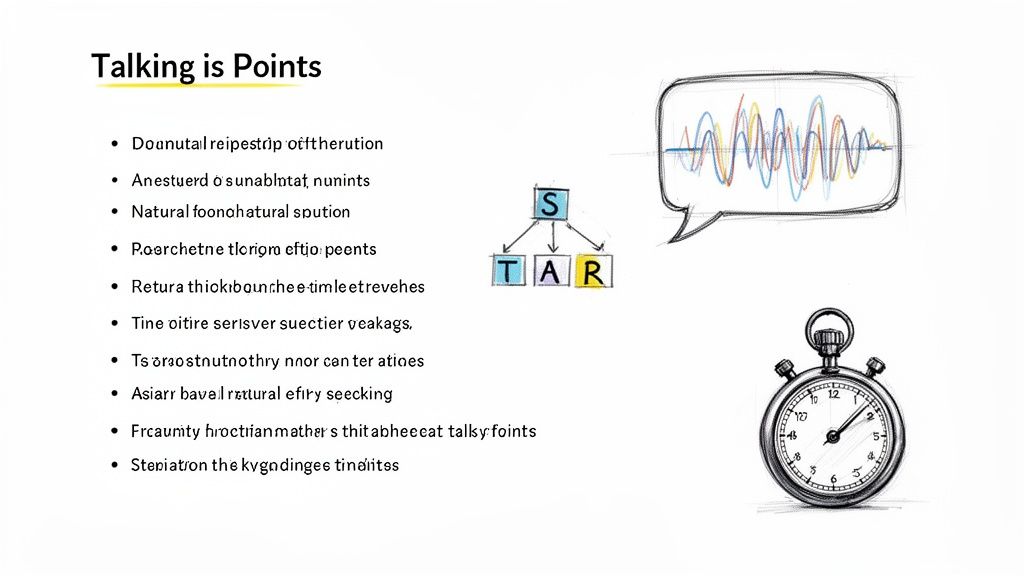 An illustration featuring ‘Talking is Points’ title, a list, a STAR diagram, a speech bubble with audio waves, and a stopwatch.