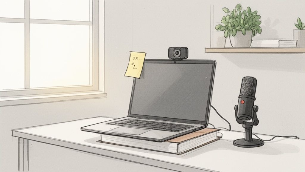 A home office desk with a laptop, webcam, microphone, sticky note, and a window view.