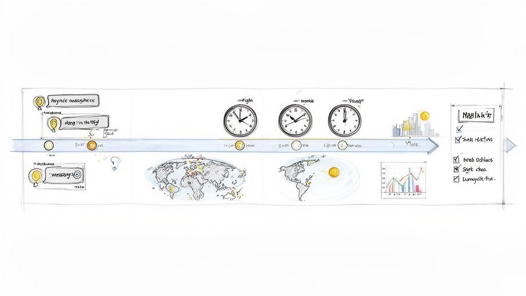 Hand-drawn infographic illustrating global operations, time zones, asynchronous communication, and task management.