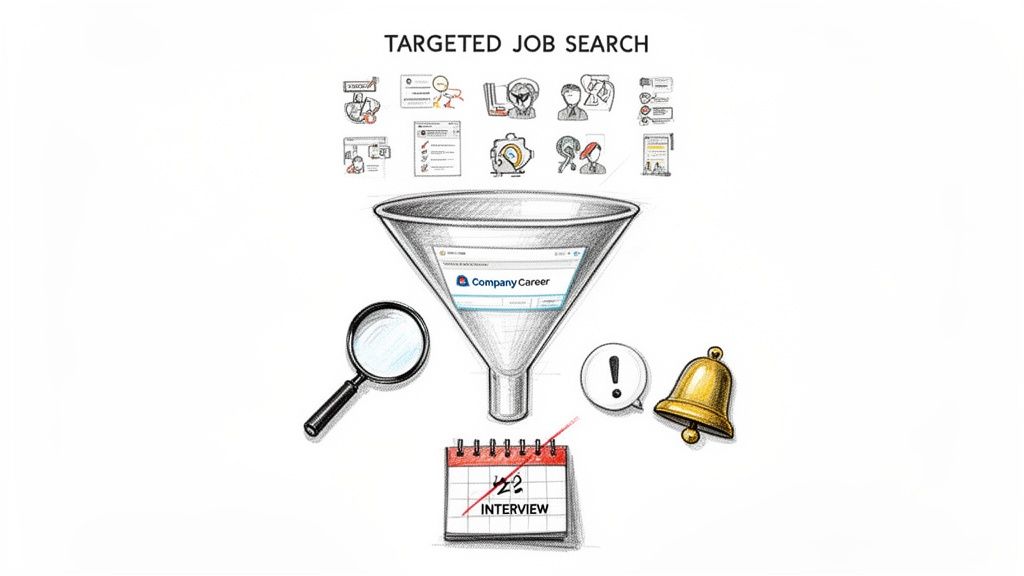 A visual representation of a targeted job search process, including research, applications, filtering, and notifications.