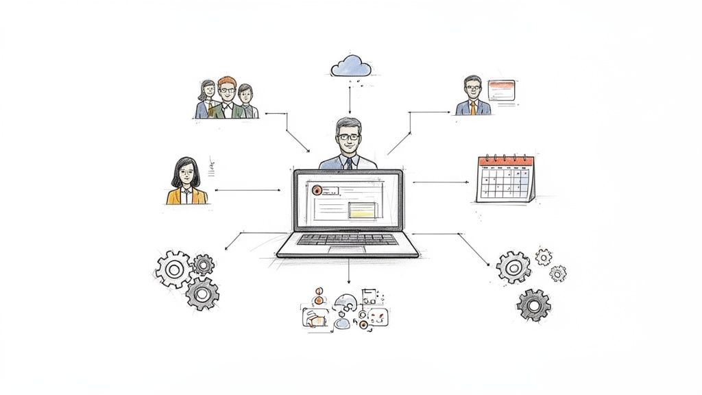 A hand-drawn diagram showing a central laptop orchestrating business operations, connecting teams, users, cloud, calendar, and processes.