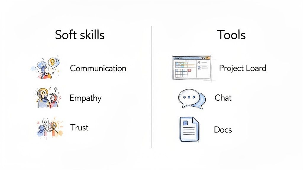 An image showing soft skills like communication, empathy, and trust, alongside remote work tools: project board, chat, and documents.