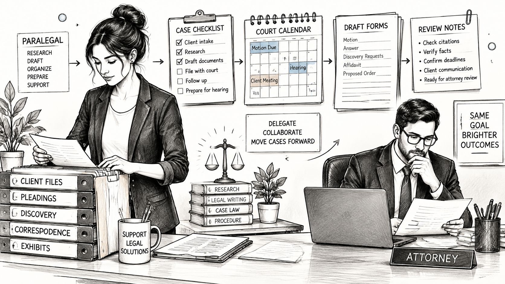 A professional illustration showing a paralegal and an attorney collaborating on legal case management and documentation.