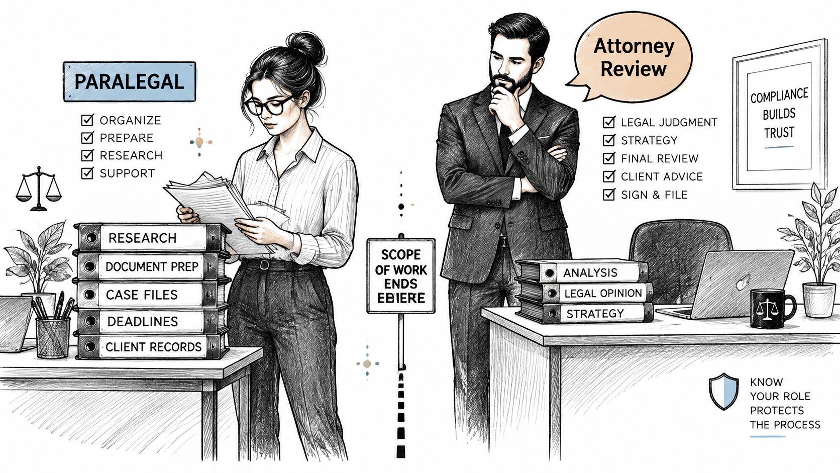 A split illustration comparing the distinct roles and responsibilities of a paralegal and an attorney in legal work.