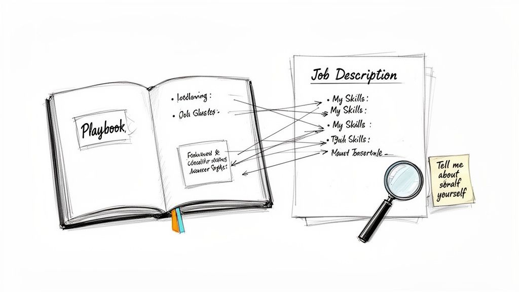 An illustration shows a playbook and a job description with skill matches, a magnifying glass, and an interview note.