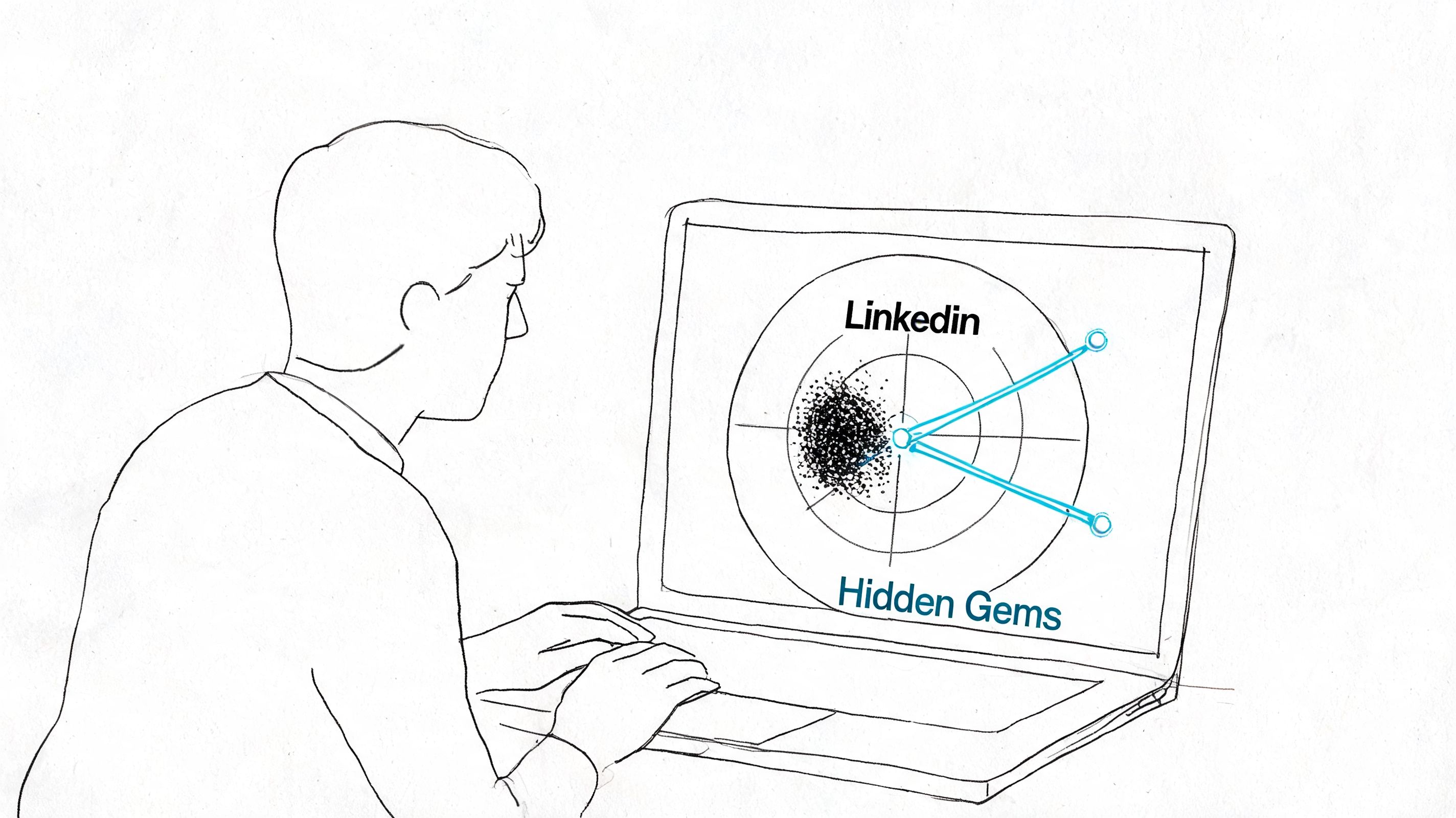 A line-art illustration of a person working on a laptop displaying a LinkedIn data analytics chart.