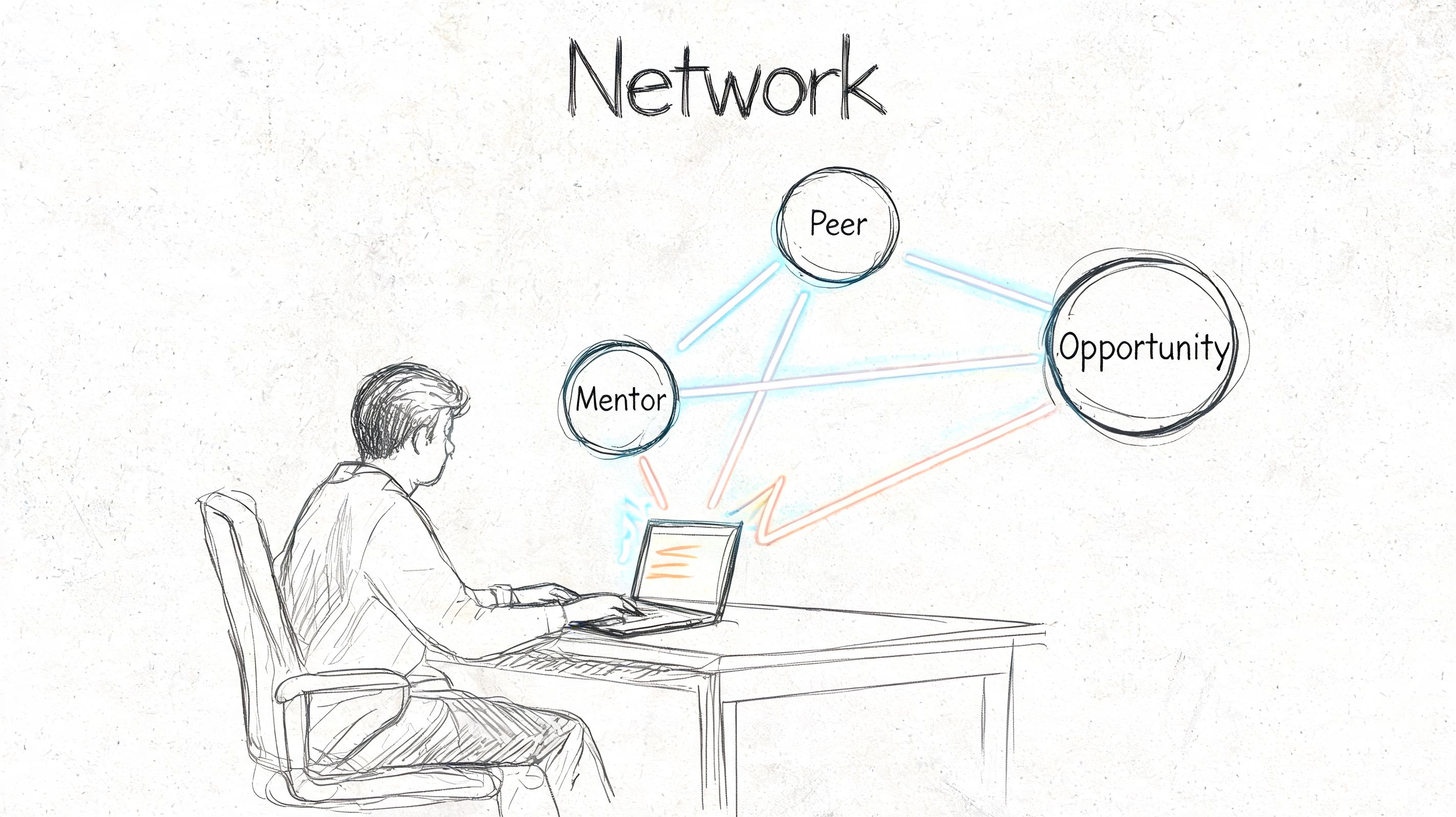 A sketched illustration of a person working on a laptop connected to a network of mentor, peer, and opportunity.