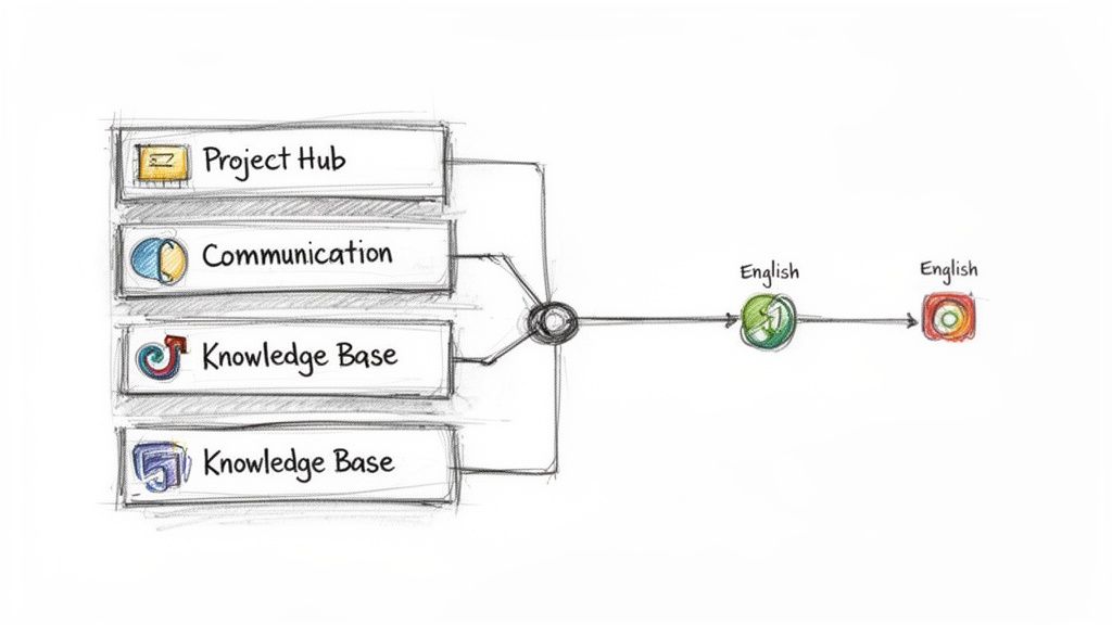 Process diagram showing project hub, communication, and knowledge bases leading to English language outputs.