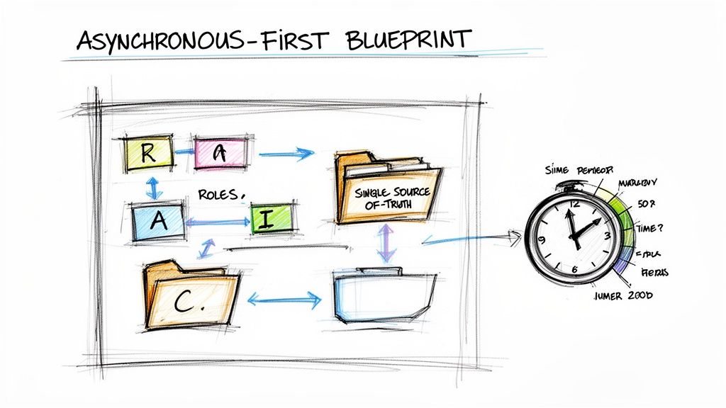 A hand-drawn asynchronous-first blueprint diagram showing roles, a single source of truth, and a clock for time management.