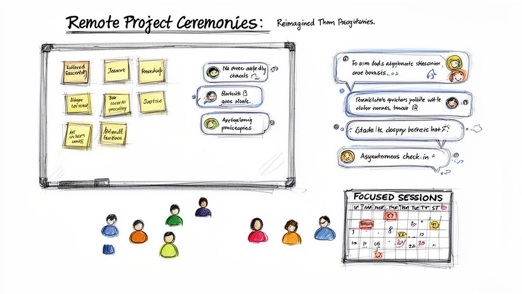 Hand-drawn illustration of remote project ceremonies, featuring a whiteboard, chat bubbles, team, and calendar.