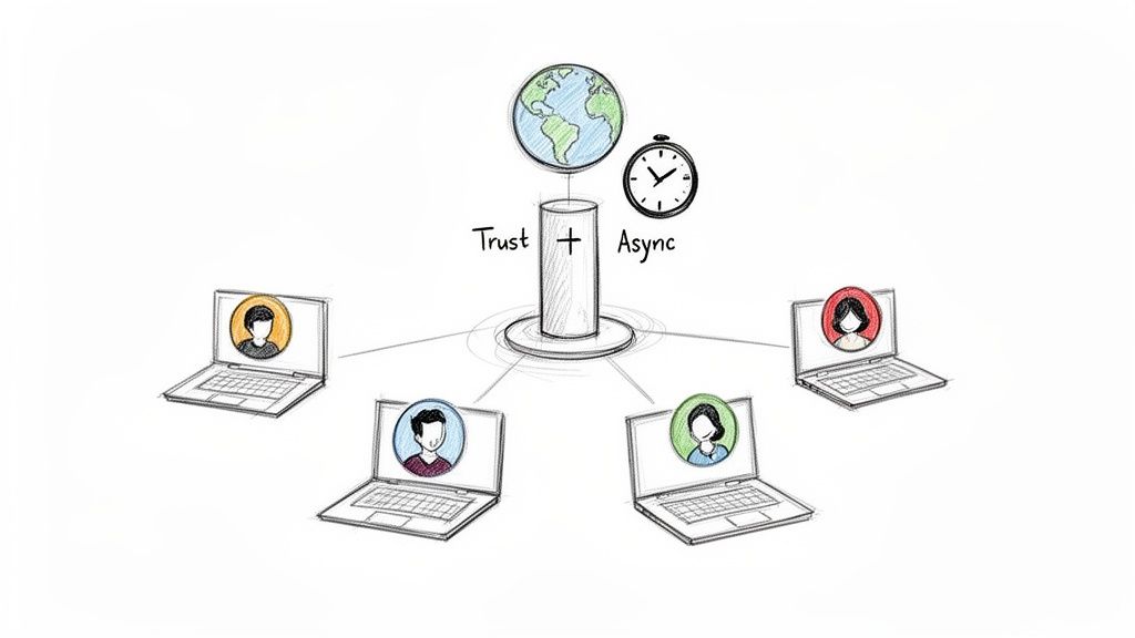 A diagram illustrates a central ‘Trust + Async’ hub connecting four laptops with diverse user avatars, symbolizing remote team collaboration.