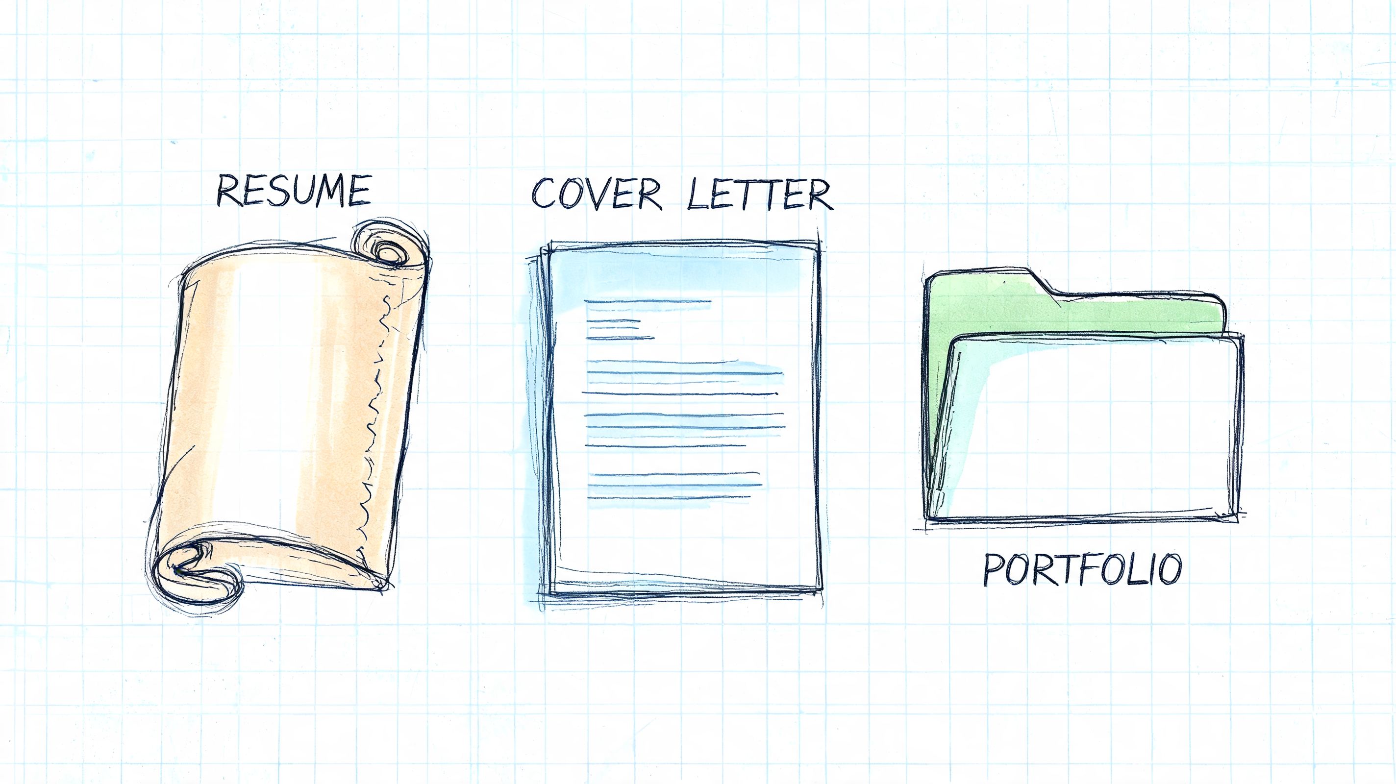 A hand-drawn illustration showing a resume, a cover letter, and a portfolio folder on grid paper.