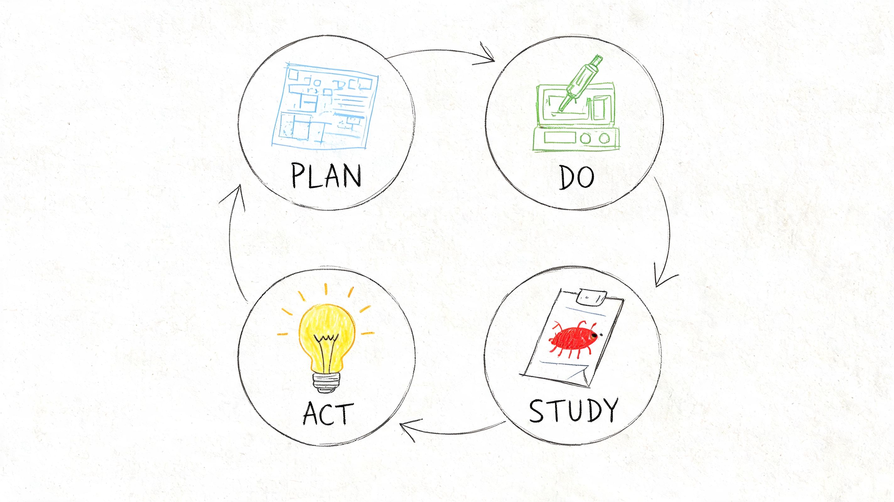A diagram representing the PDSA cycle of quality assurance featuring hand-drawn icons for Plan, Do, Study, Act.