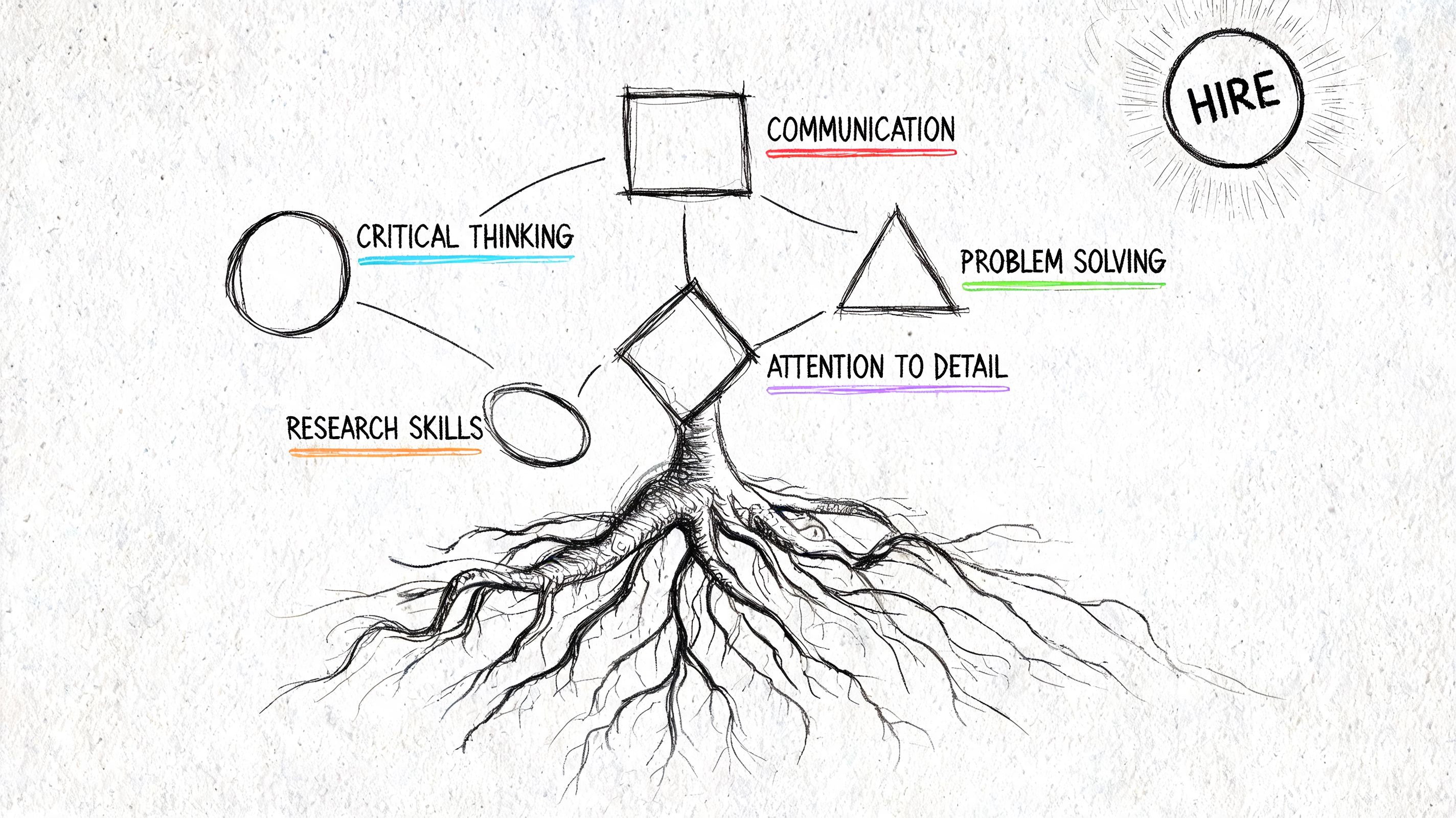 A conceptual diagram showing key professional skills like communication and problem solving linked to a tree root system.