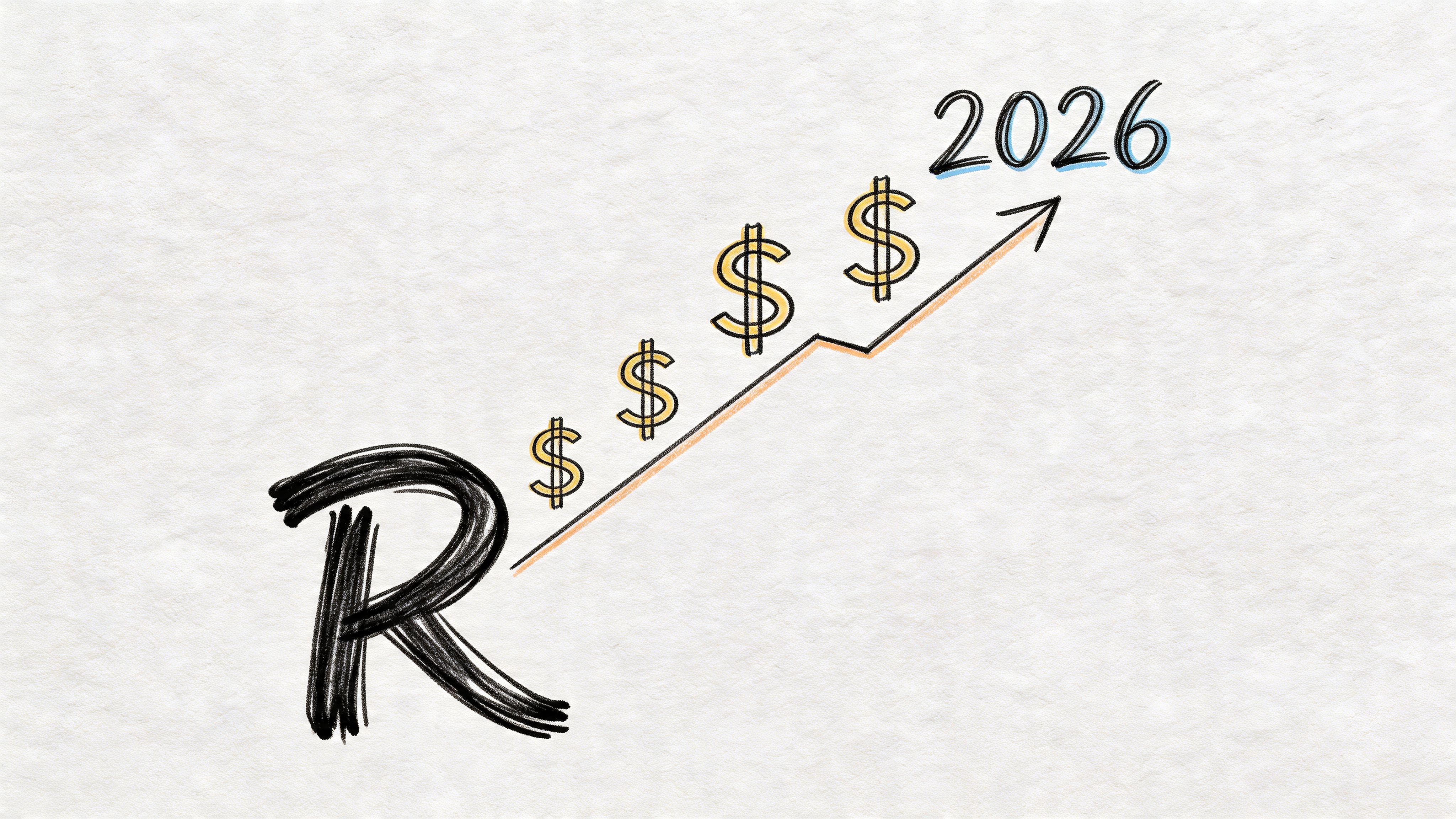A hand-drawn illustration showing an upward trend line with dollar signs and the year 2026.