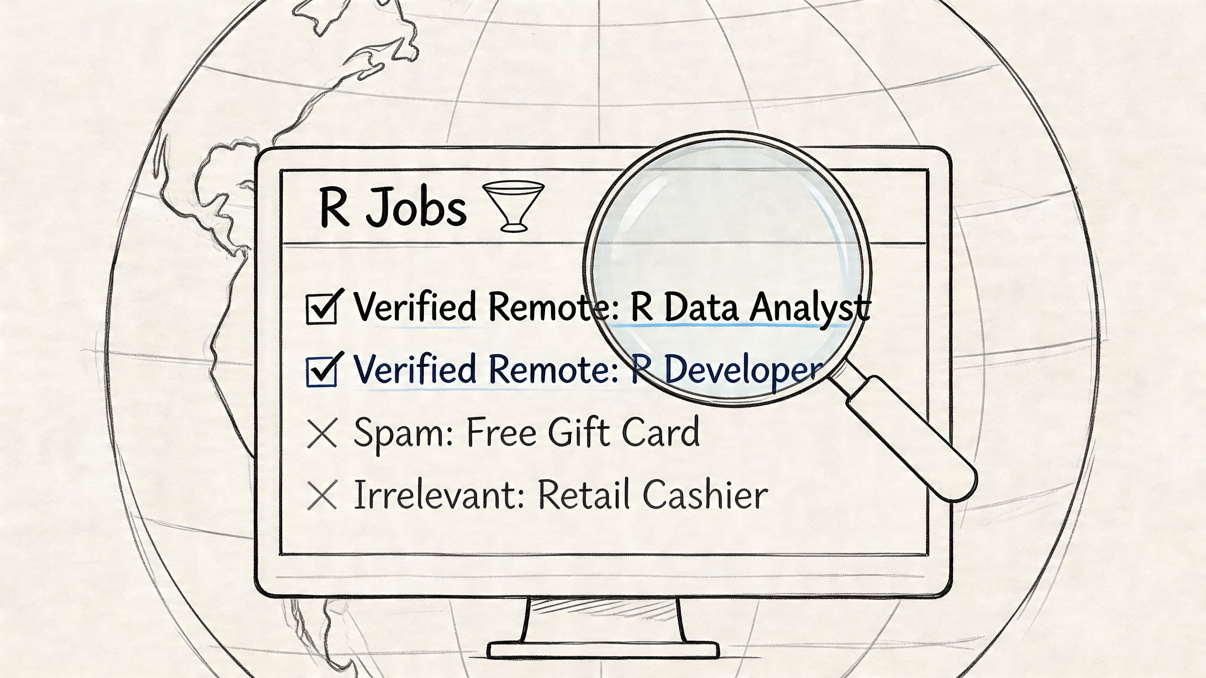 A digital illustration showing a magnifying glass examining a list of verified R programming remote job postings.