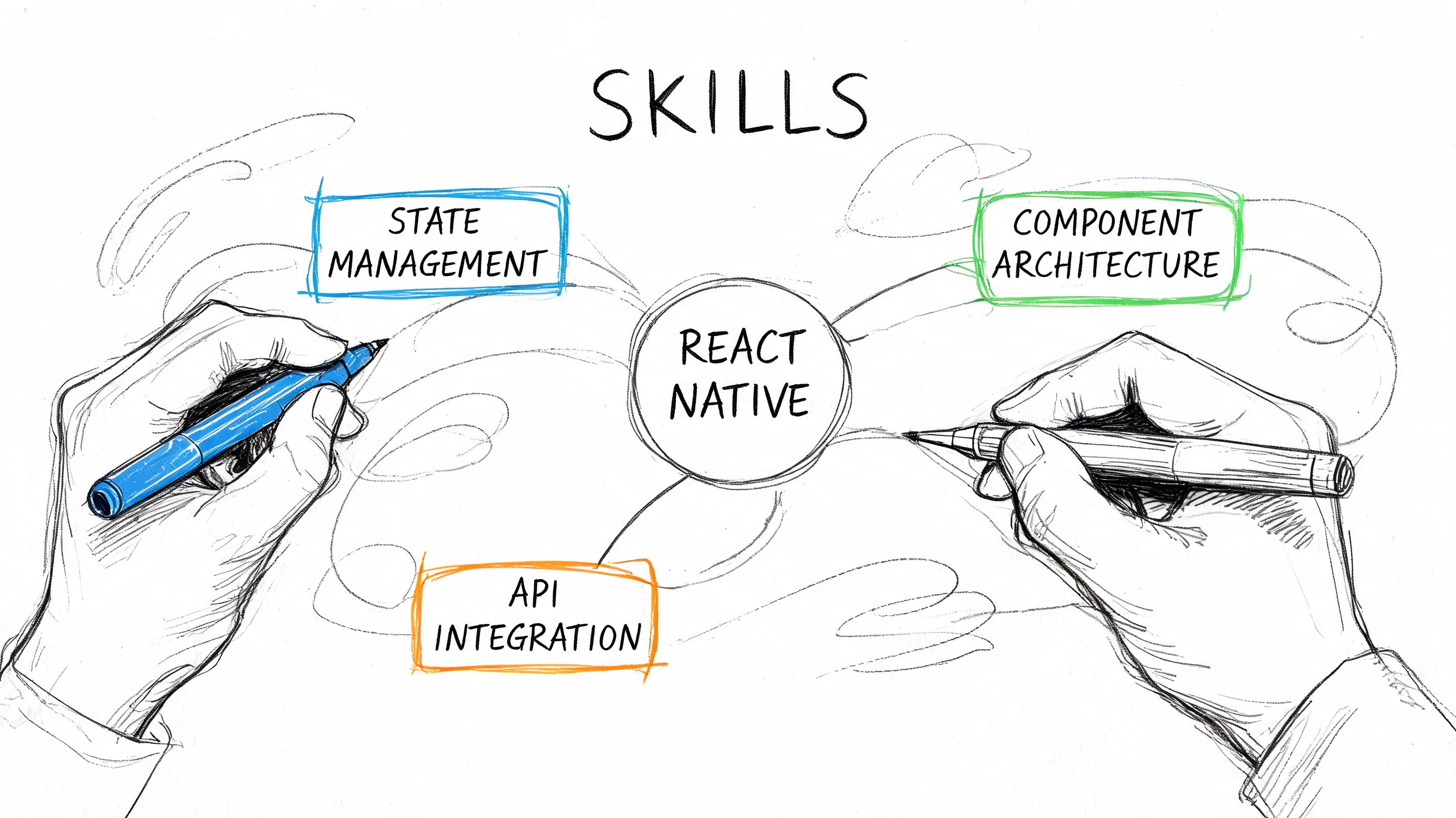 A hand-drawn illustration showing React Native as the central skill with state management, component architecture, and API integration.