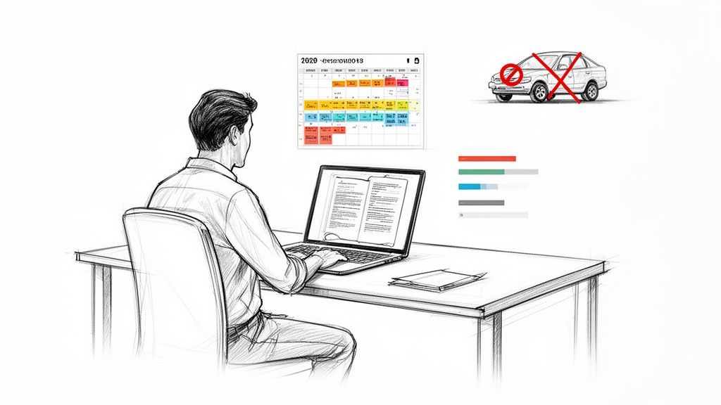 Illustration of a person working on a laptop at a desk, with a calendar and data graphs.