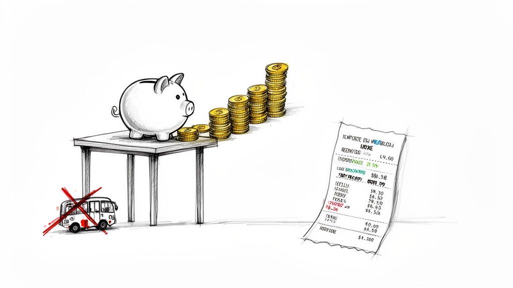 Illustration showing a piggy bank and growing coin stacks, a crossed bus, and a receipt for financial savings.