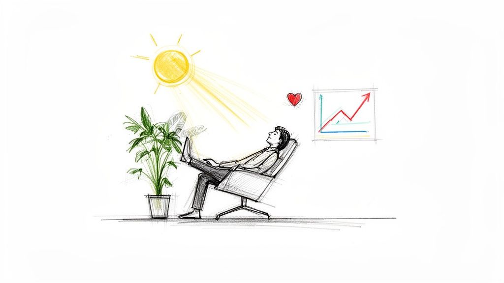 Illustration of a relaxed person enjoying sunlight, positive growth, and well-being.