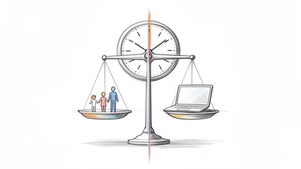 A balanced scale with family figures and a clock, weighing family time against a laptop.