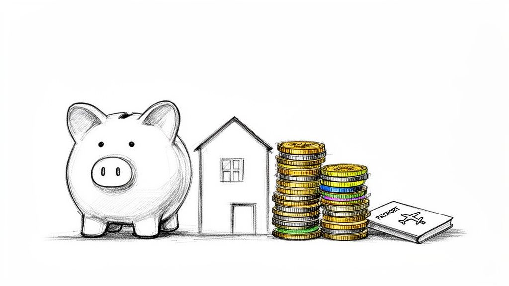 Pencil drawing of a piggy bank, house, stacks of coins, and a passport, symbolizing savings goals.