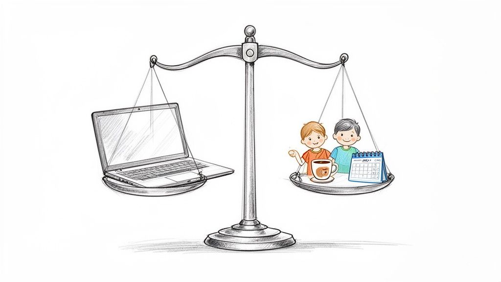 Sketch of a balance scale showing a laptop weighing less than people, coffee, and a calendar, symbolizing work-life balance.