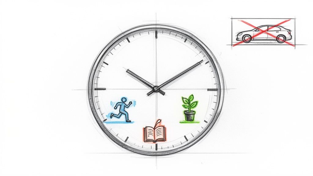 Hand-drawn clock face features icons for running, reading, and a plant, alongside a car with a red X.
