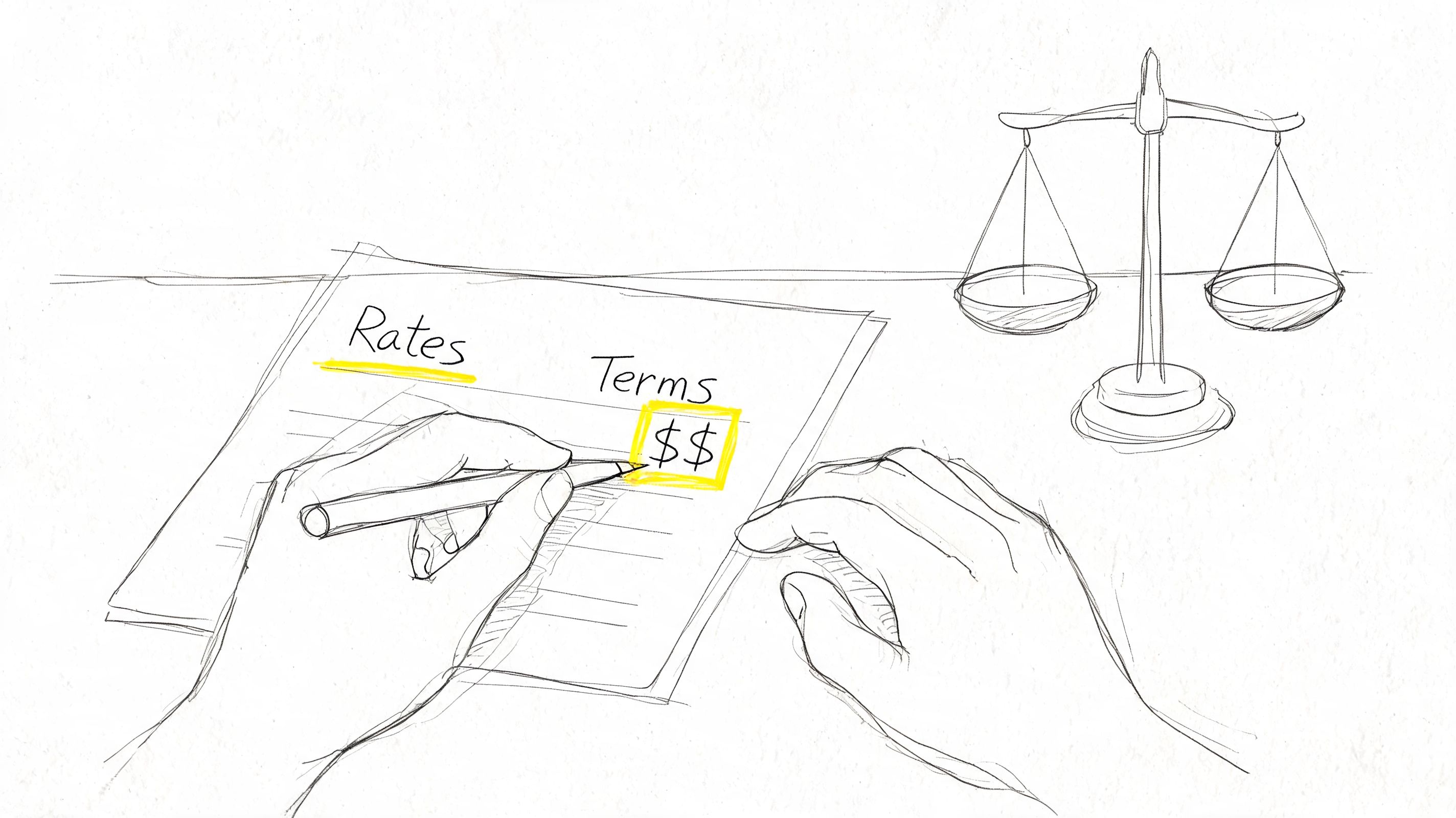 A hand signing a contract that highlights financial rates and terms next to a set of scales.