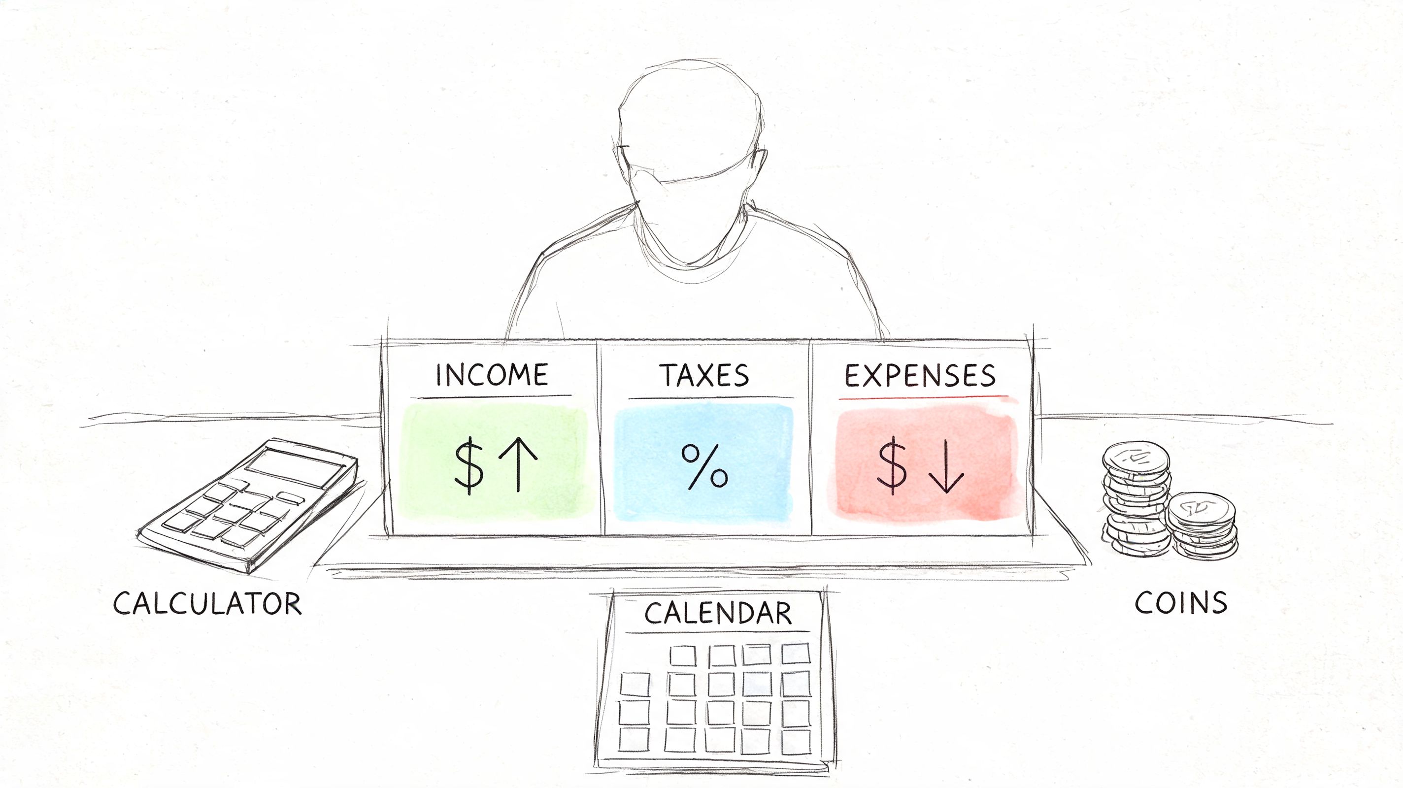 A conceptual sketch showing a person organizing financial priorities including income, taxes, expenses, a calculator, and coins.