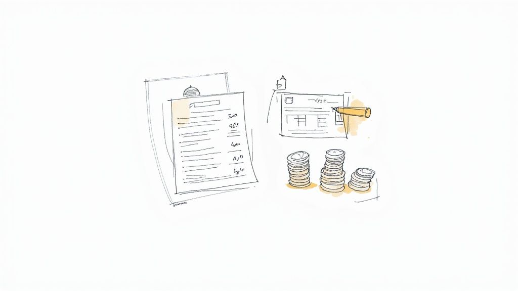 Financial planning illustration showing invoice clipboard, house sketch, pencil, and stacked coins representing remote work income