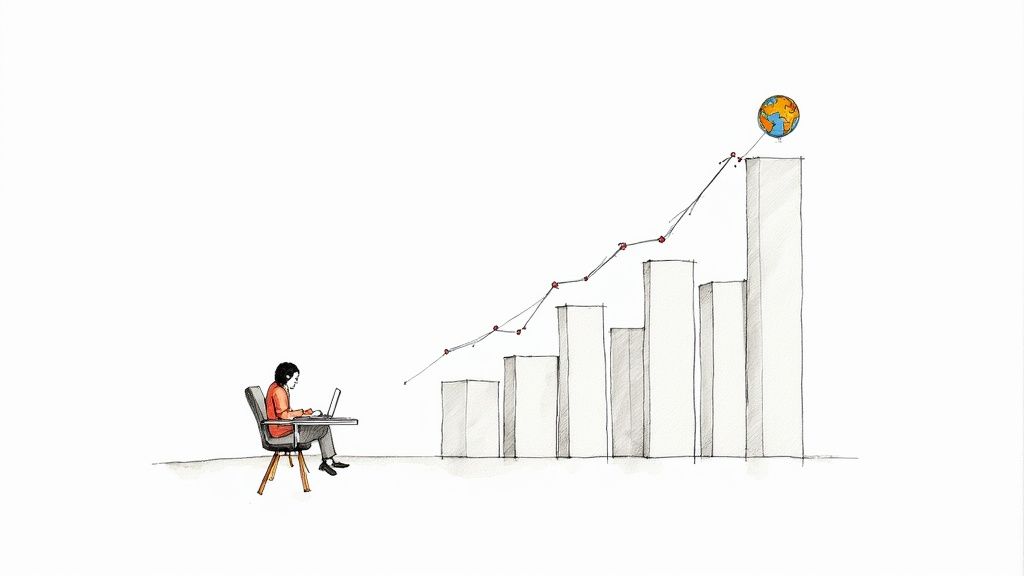 Woman working on laptop with ascending bar chart and globe representing remote work growth