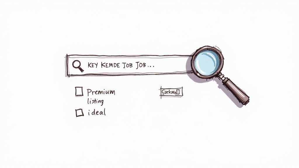 Search bar with job search query and magnifying glass over checkboxes for premium listing and ideal filters