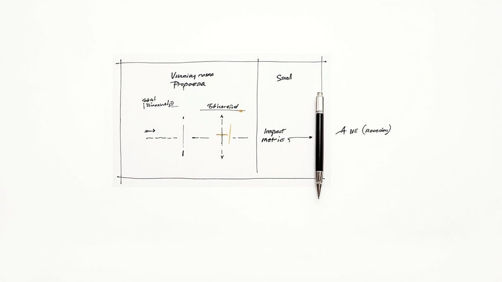 Hand-drawn diagram showing viewing room layout with seat placement and impact matrices for remote work