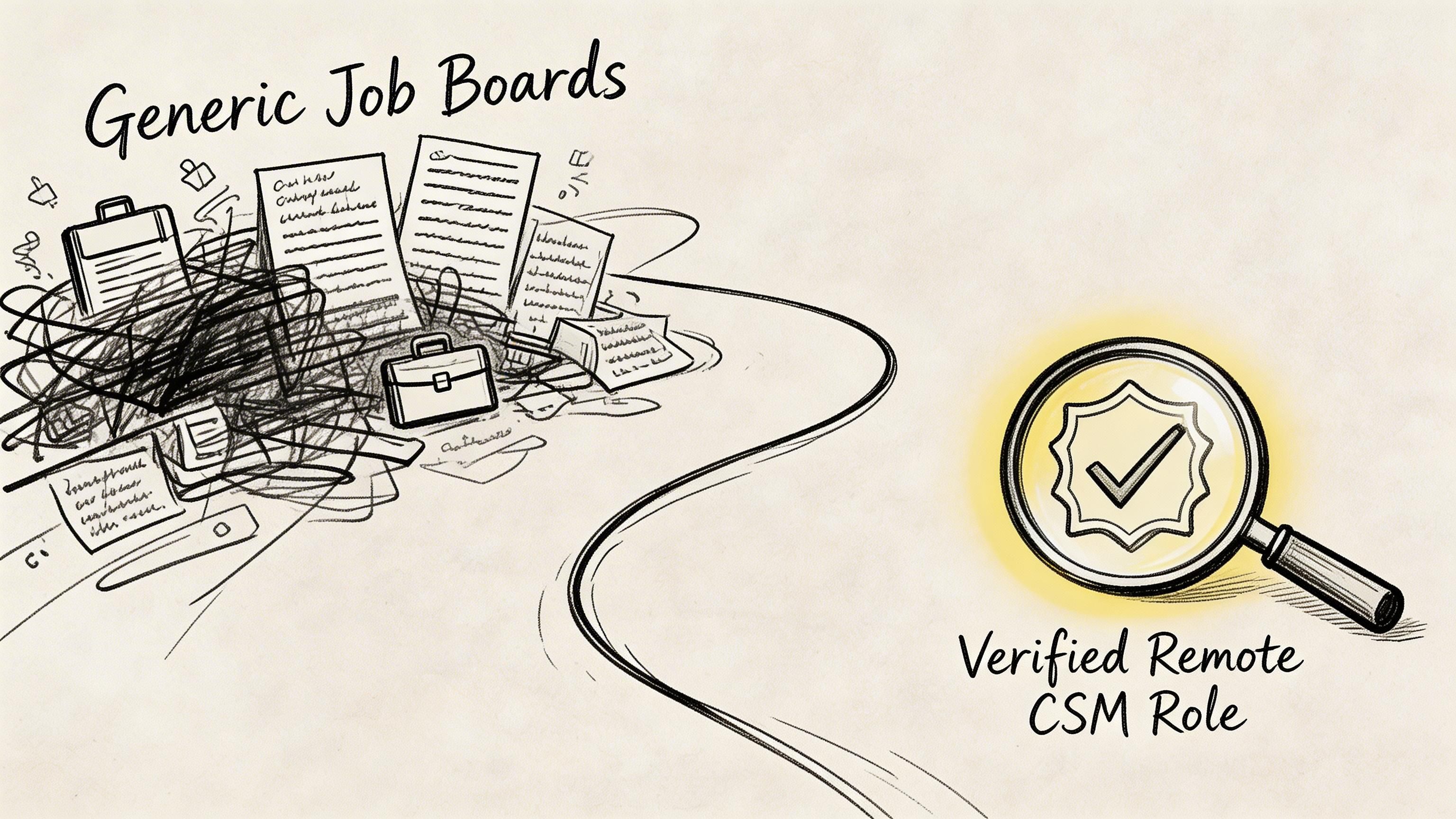 A conceptual illustration contrasting disorganized generic job boards with a verified remote customer success manager position.