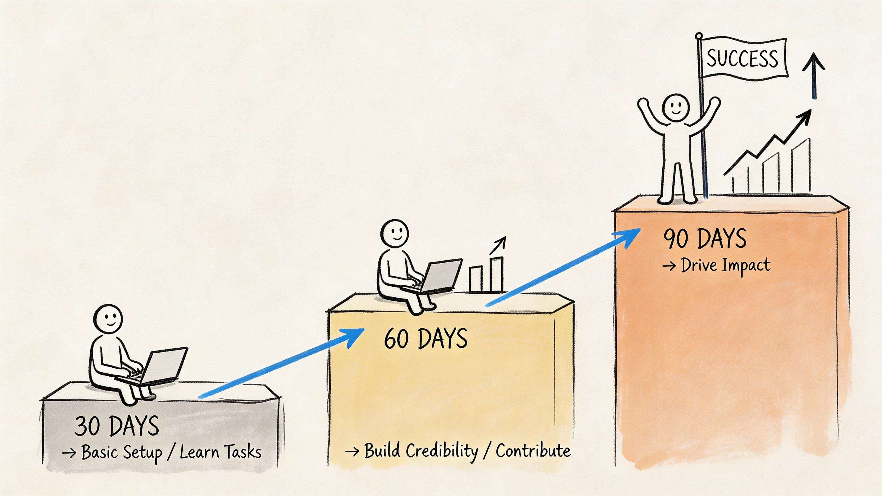 A three-step progress chart illustrating 30, 60, and 90-day goals for employee onboarding and career success.